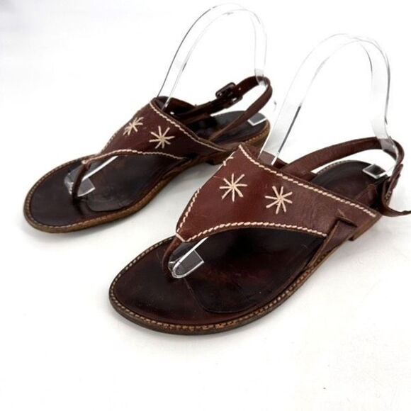 Vintage 90s Ann Taylor Womens Leather Embroidered Slingback Sandals Brown Size 9 - Picture 6 of 10